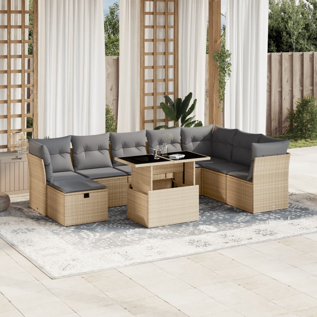 vidaXL 9-delige Loungeset met kussens poly rattan zwart