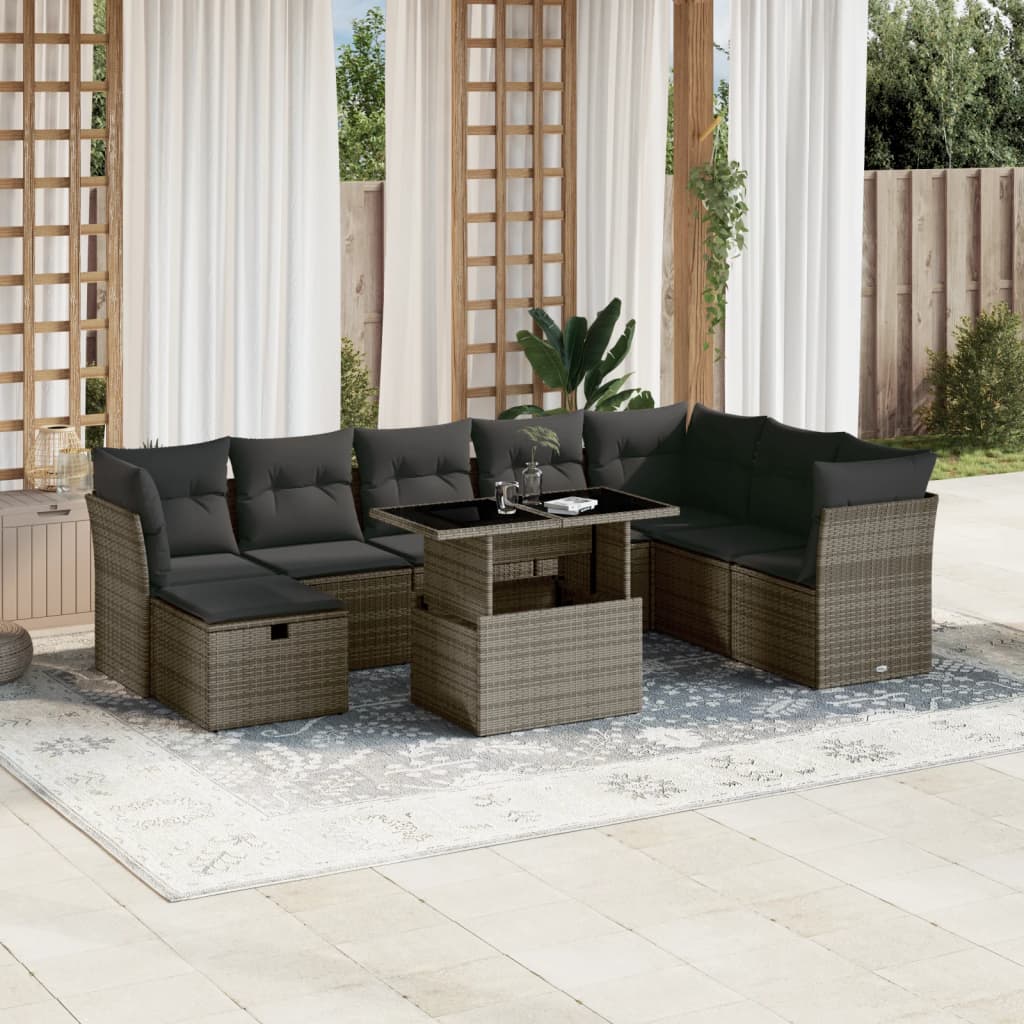 vidaXL 9-delige Loungeset met kussens poly rattan zwart