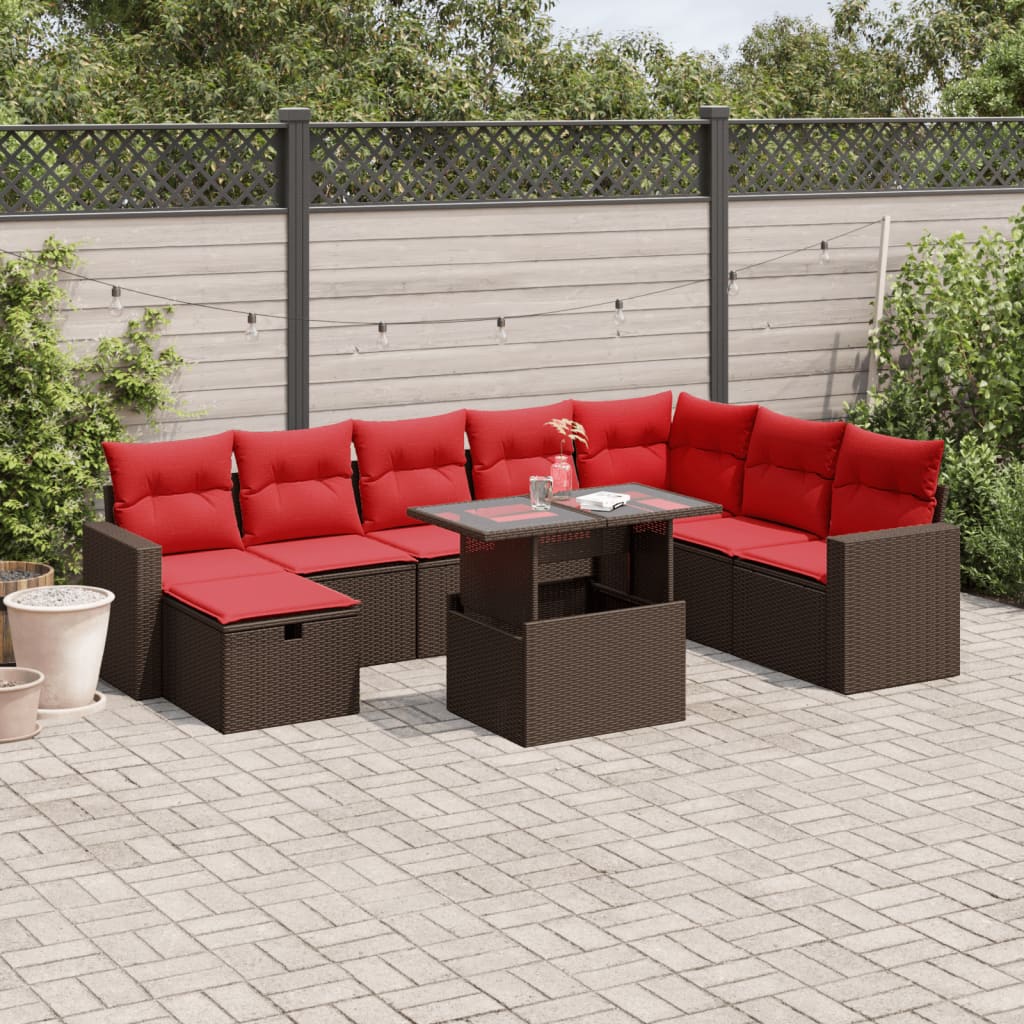 vidaXL 9-delige tuinbankset met kussens van zwart polyrotan
