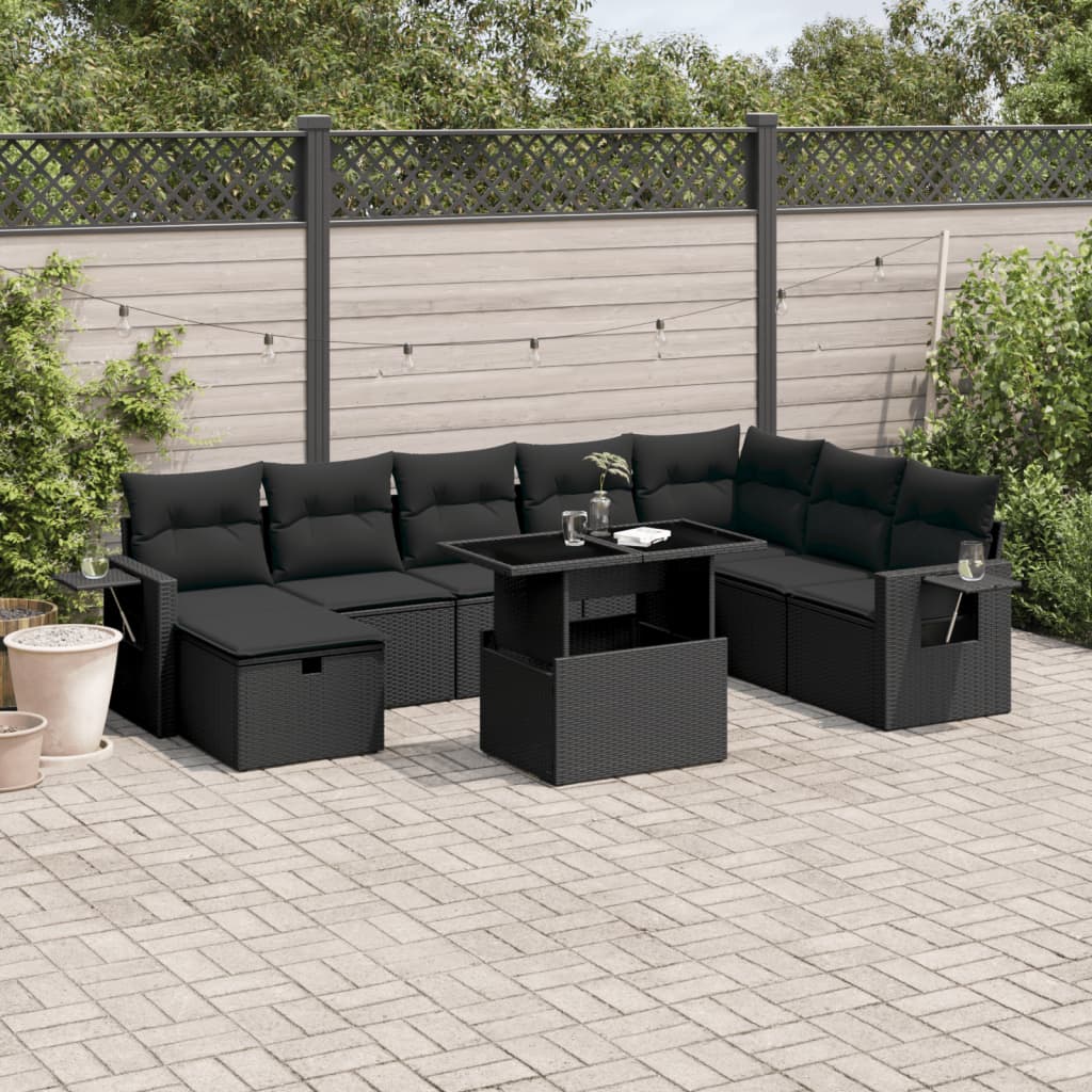 vidaXL 9-delige Loungeset met kussens poly rattan zwart