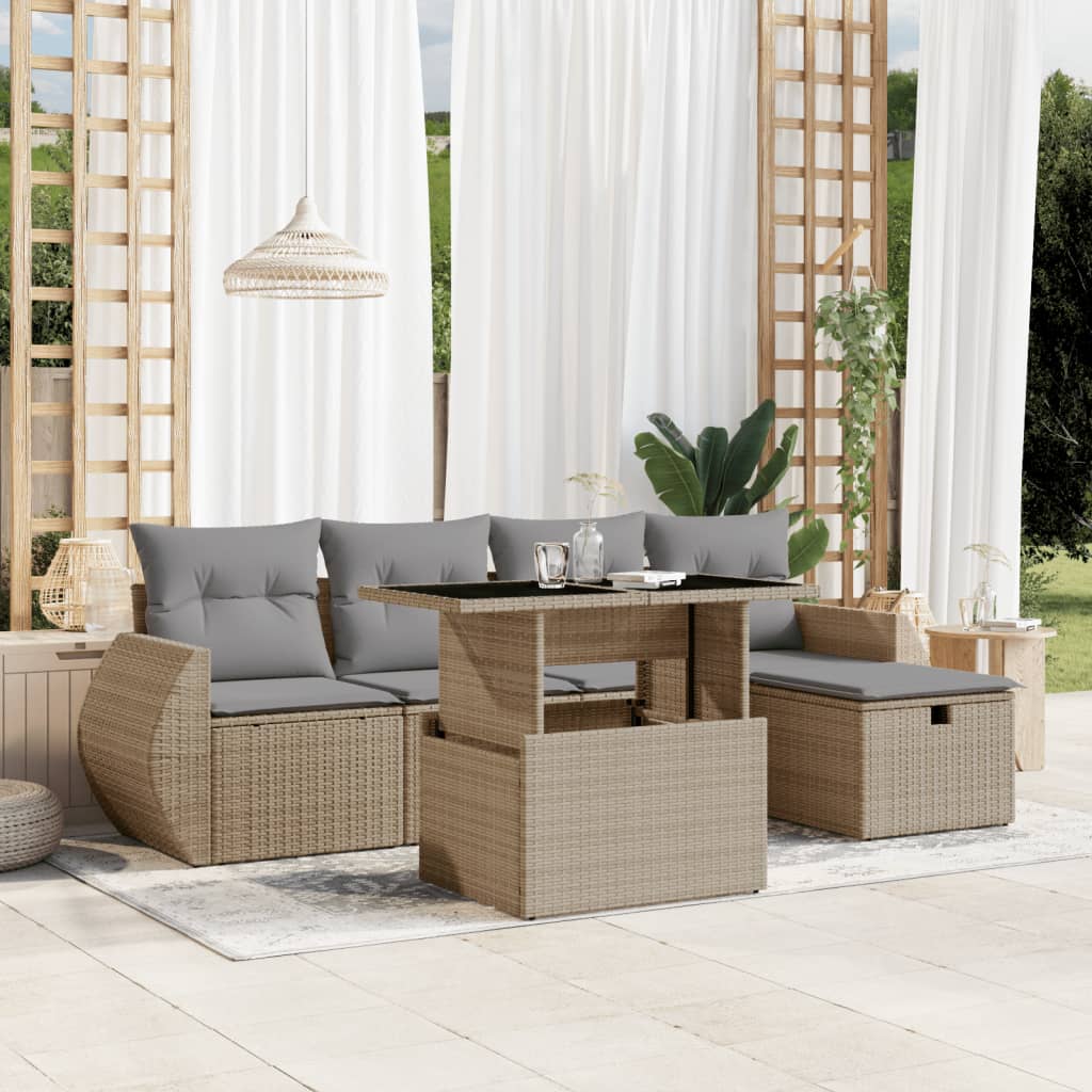 vidaXL 6-delige Loungeset met kussens poly rattan zwart