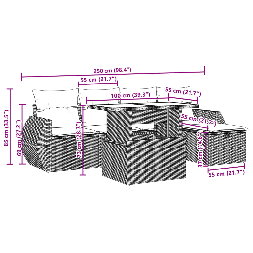 vidaXL 6-delige Loungeset met kussens poly rattan zwart