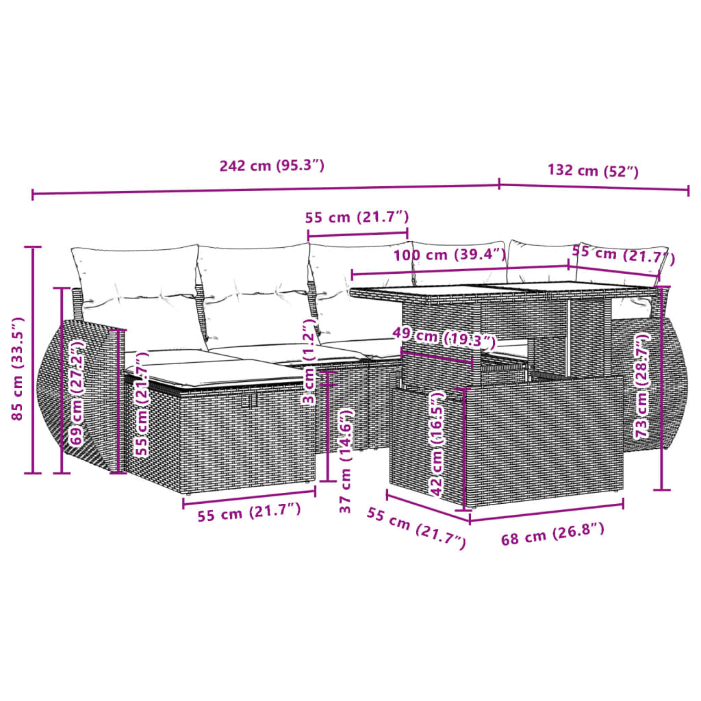 vidaXL 7-delige Loungeset met kussens poly rattan zwart