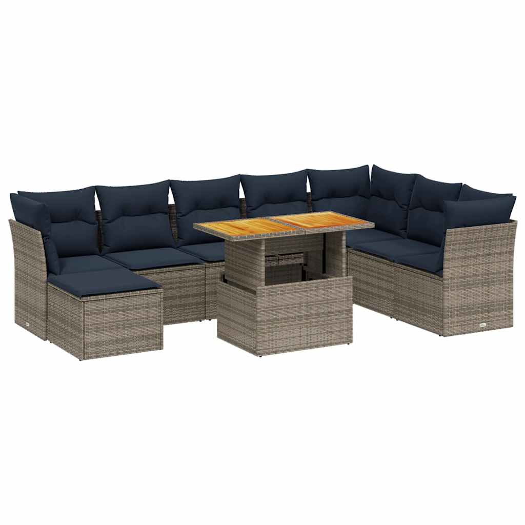 vidaXL 9-delige Loungeset met kussens poly rattan grijs