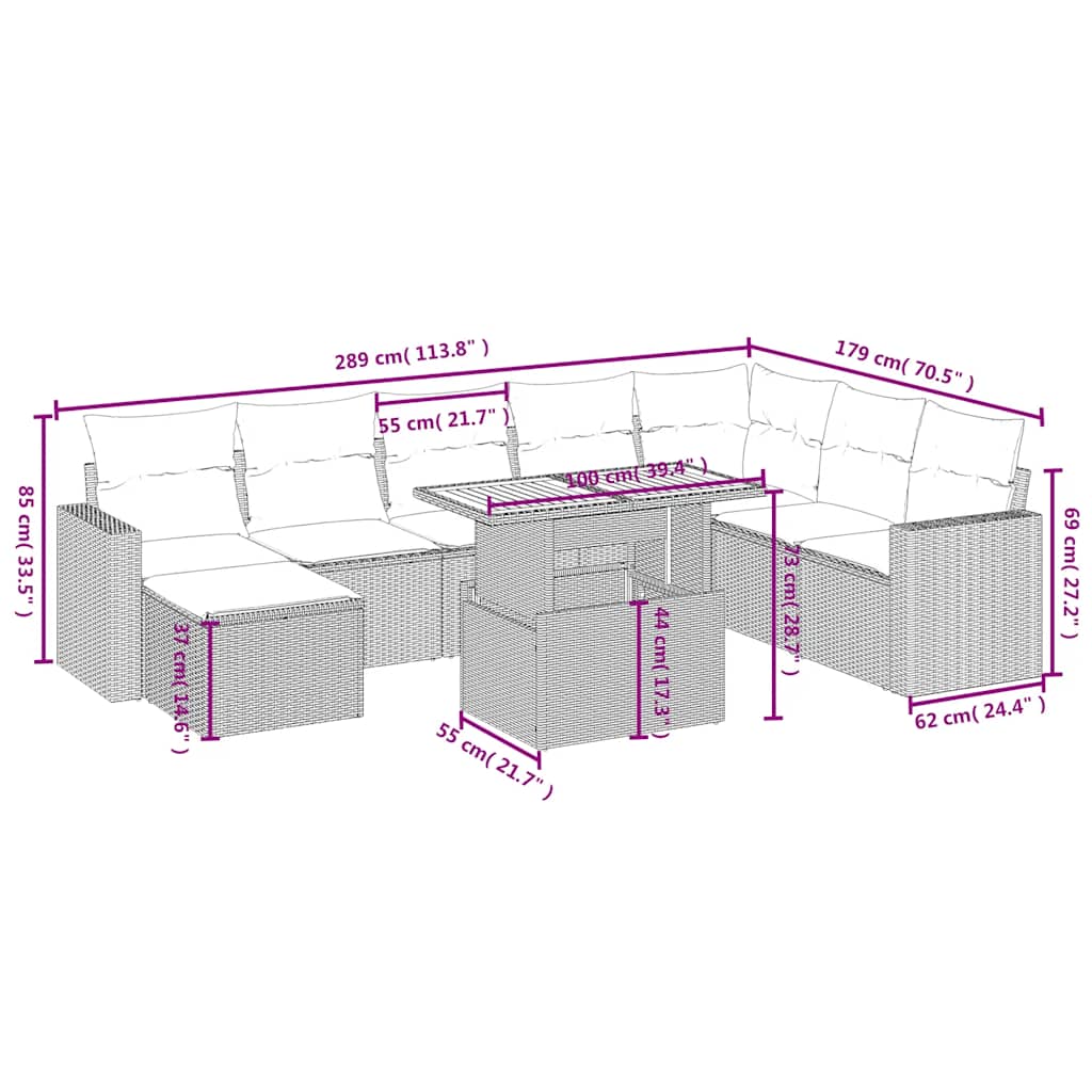 vidaXL 9-delige Loungeset met kussens poly rattan zwart