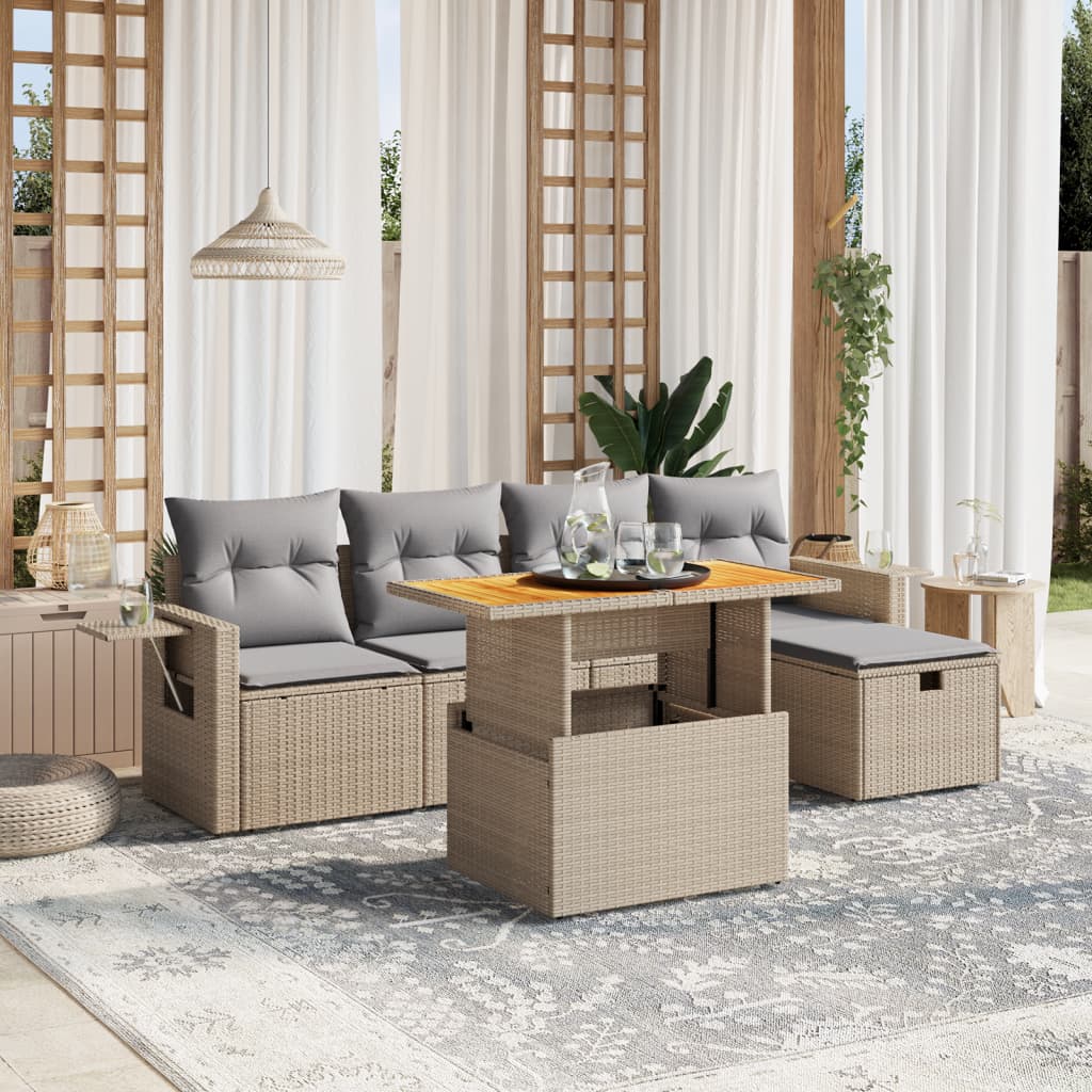 vidaXL 6-delige Loungeset met kussens poly rattan zwart