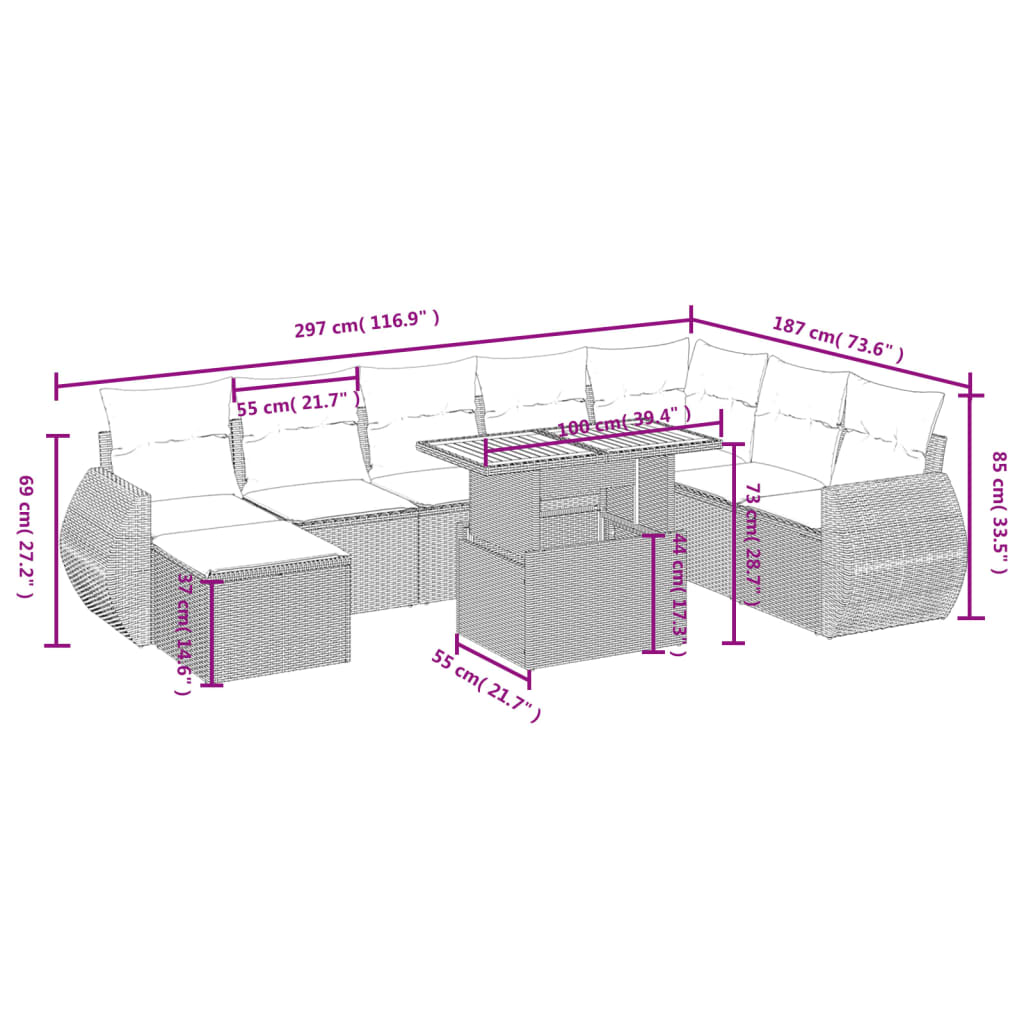 vidaXL 9-delige Loungeset met kussens poly rattan zwart