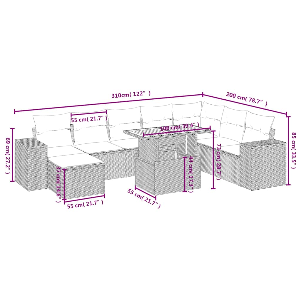 vidaXL 9-delige Loungeset met kussens poly rattan zwart