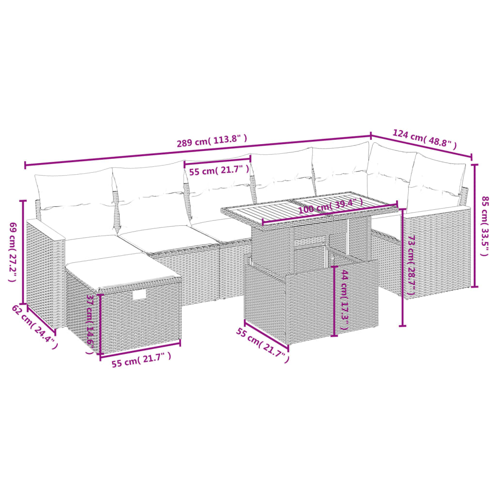 vidaXL 8-delige Loungeset met kussens poly rattan zwart