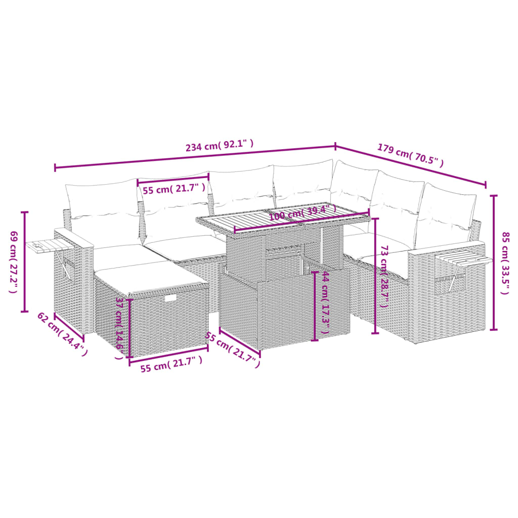 vidaXL 8-Piece Lounge Set with Cushions Poly Rattan Black