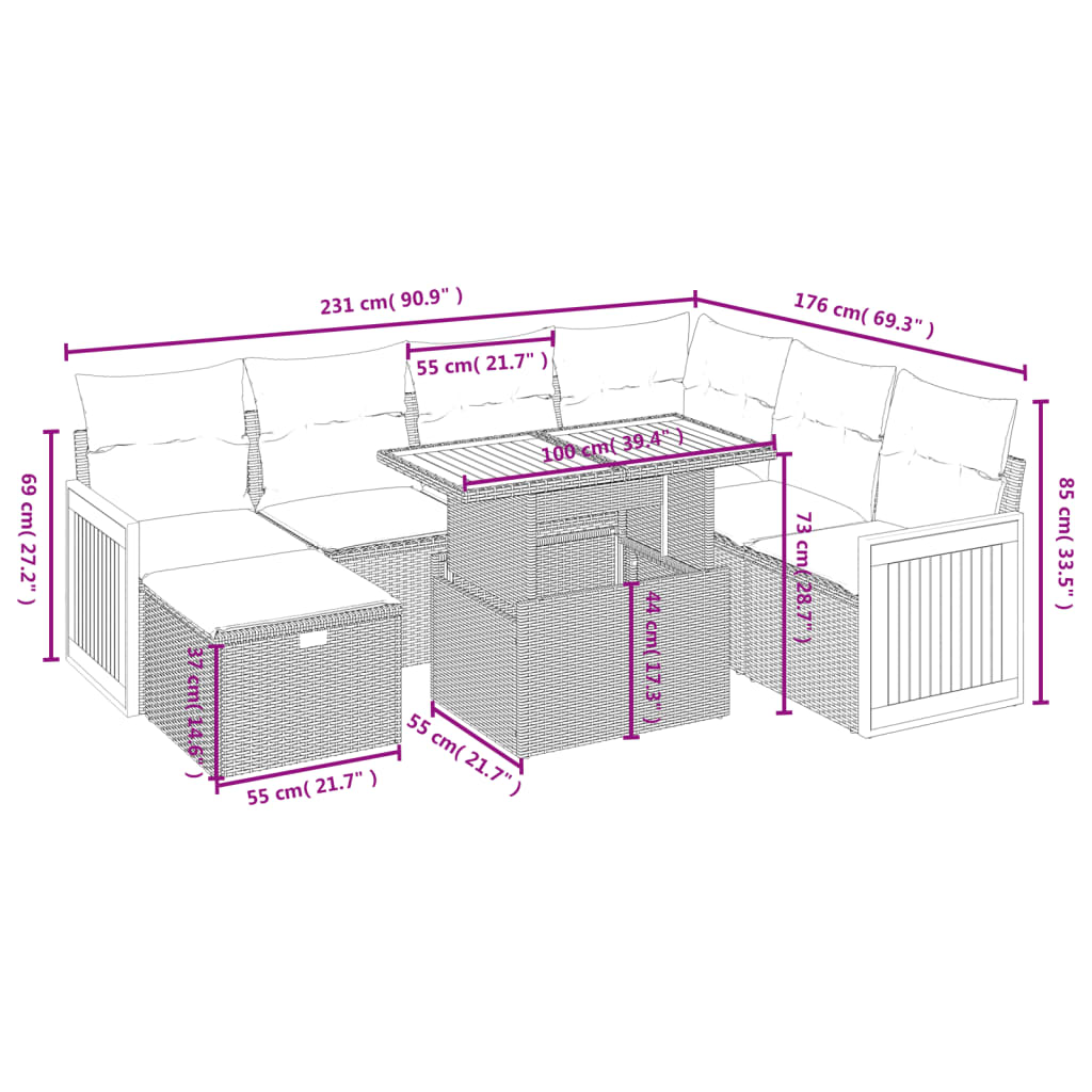 vidaXL 8-delige Loungeset met kussens poly rattan zwart