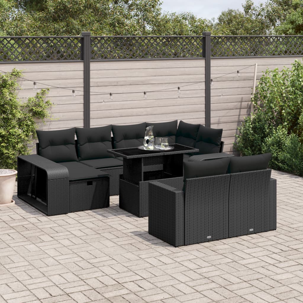 vidaXL 11-Piece Loungeset with Cushions Poly Rattan Black