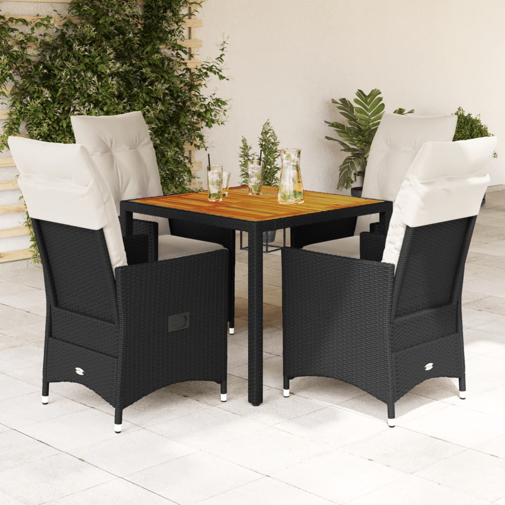 vidaXL 3-delige Bistroset met kussens poly rattan en acaciahout zwart