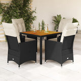 vidaXL 3-delige Bistroset met kussens poly rattan en acaciahout zwart