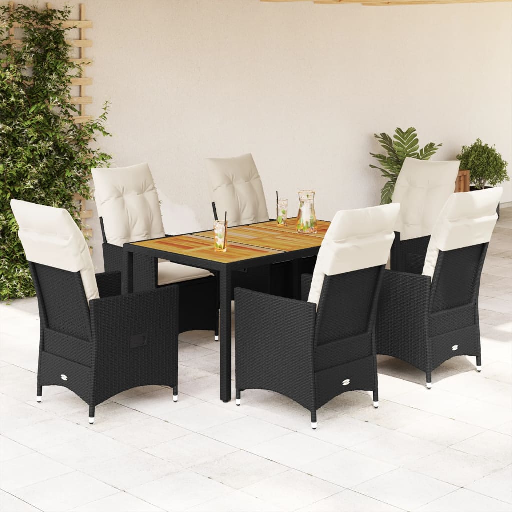vidaXL 3-delige Bistroset met kussens poly rattan en acaciahout zwart