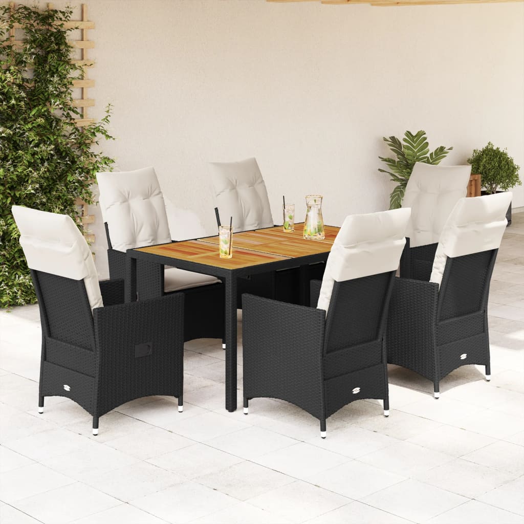 vidaXL 3-delige Bistroset met kussens poly rattan en acaciahout zwart