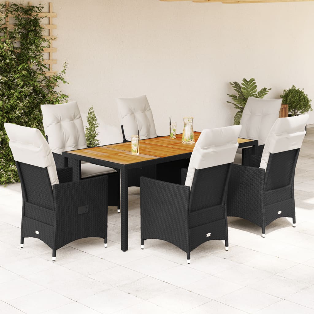 vidaXL 3-delige Bistroset met kussens poly rattan en acaciahout zwart