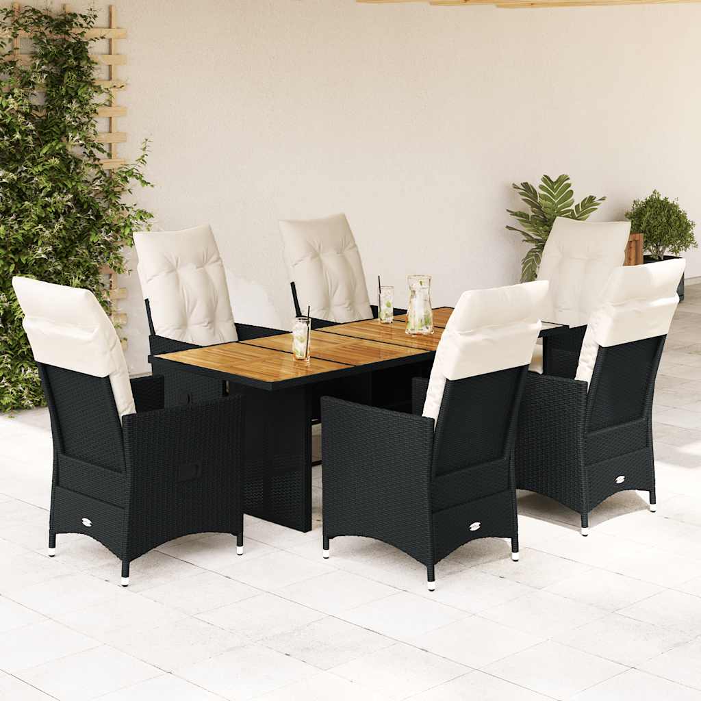 vidaXL 3-delige Bistroset met kussens poly rattan en acaciahout zwart