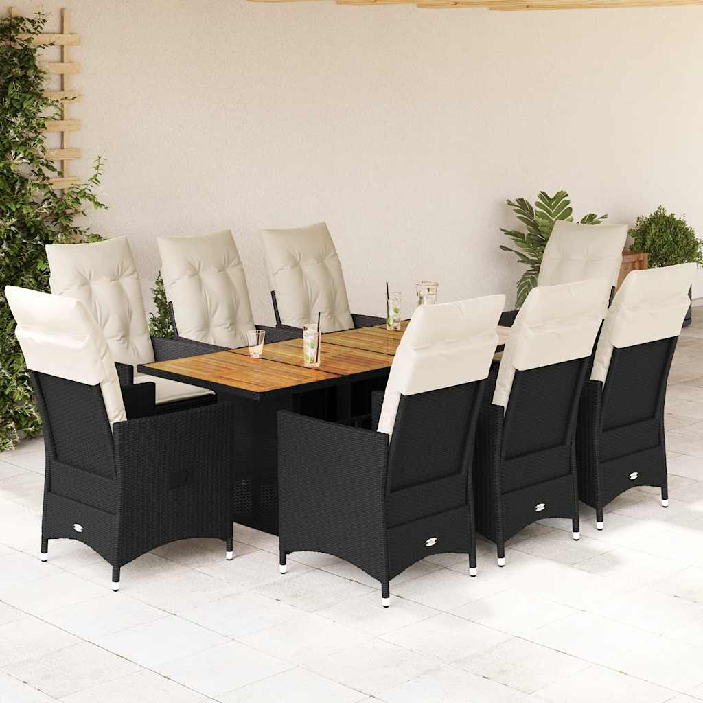 vidaXL 3-delige Bistroset met kussens poly rattan en acaciahout zwart