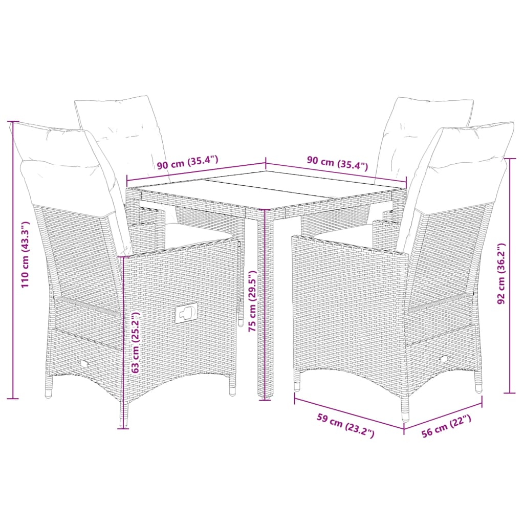 vidaXL 3-delige Bistroset met kussens poly rattan zwart