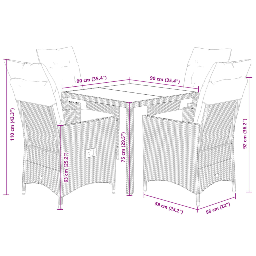 vidaXL 3-delige Bistroset met kussens poly rattan grijs