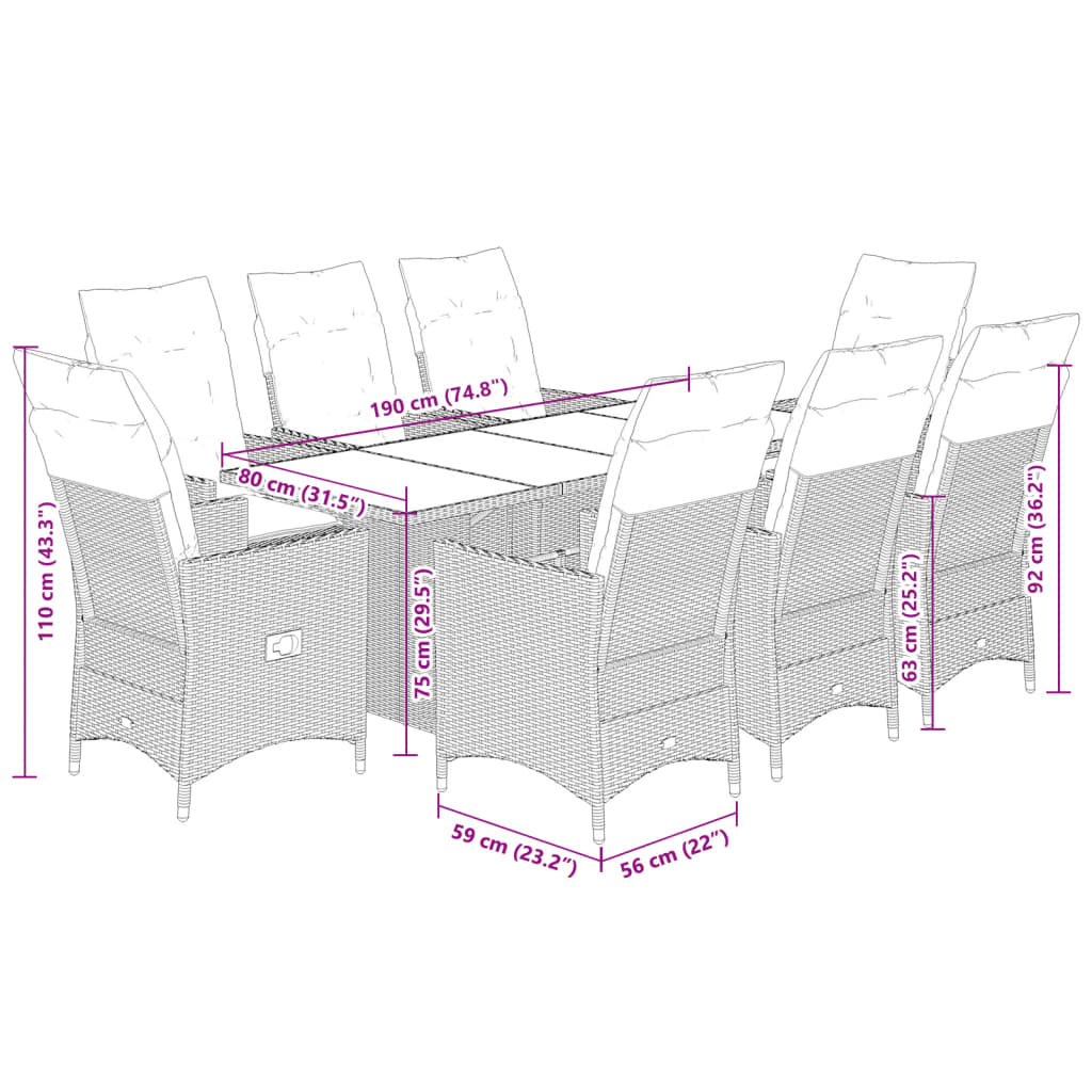vidaXL 7-delige Tuinset met kussens poly rattan grijs