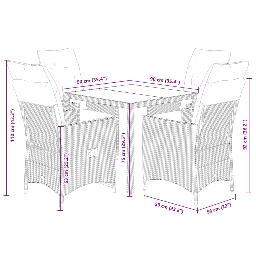 vidaXL 3-delige Bistroset met kussens poly rattan bruin
