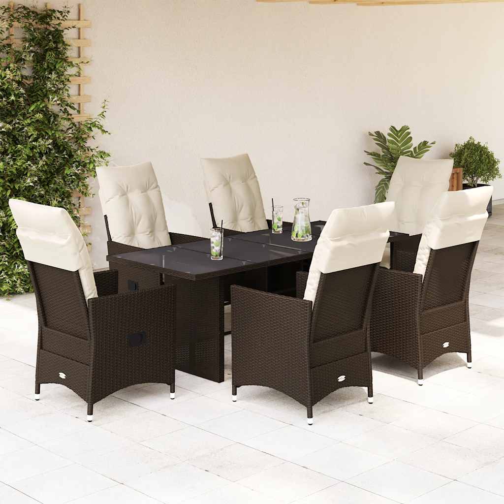 vidaXL 7-Piece Garden Dining Set with Cushions Poly Rattan Brown