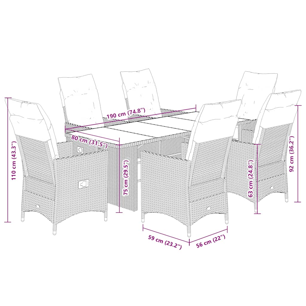 vidaXL 7-Piece Garden Dining Set with Cushions Poly Rattan Brown