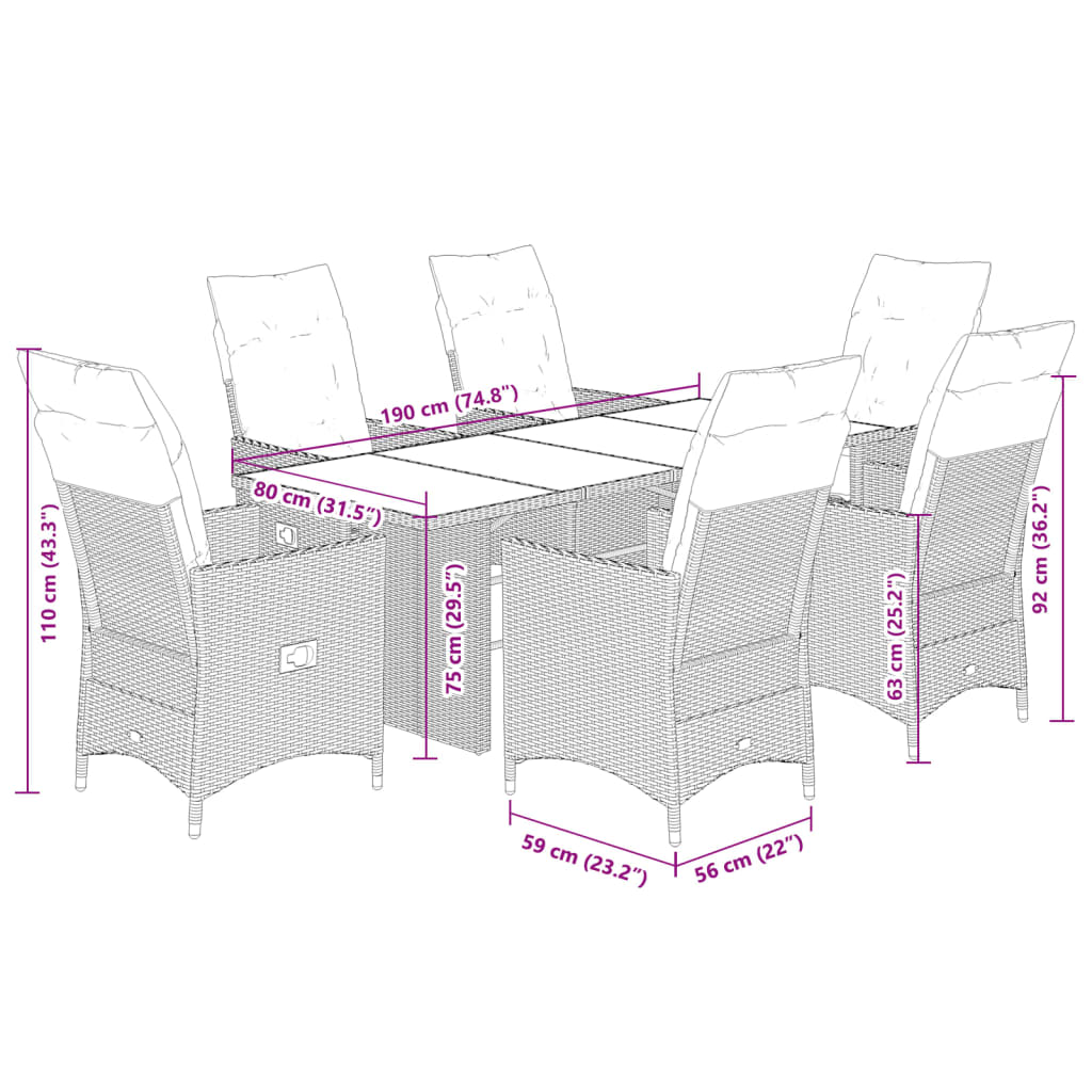 vidaXL 7-delige Tuinset met kussens poly rattan beige