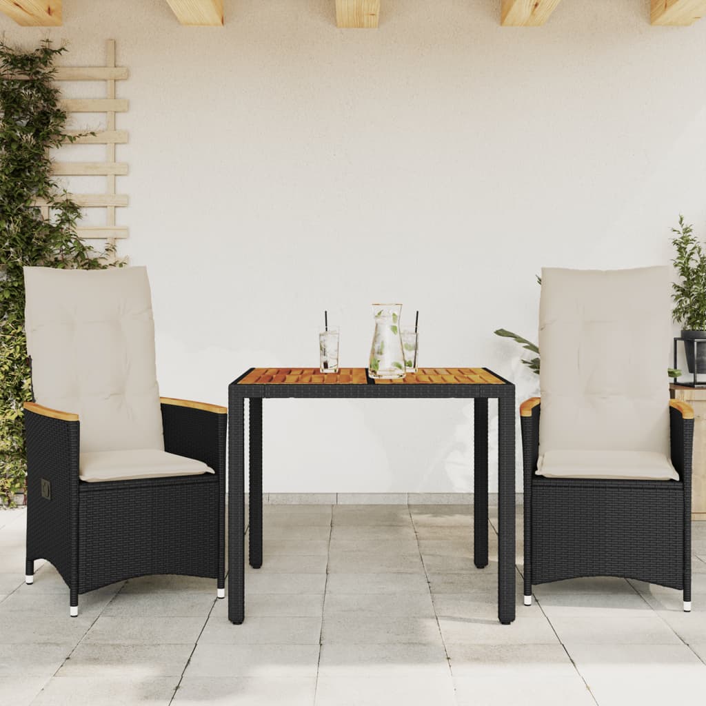 vidaXL 3-Piece Bistro Set with Cushions Poly Rattan Black