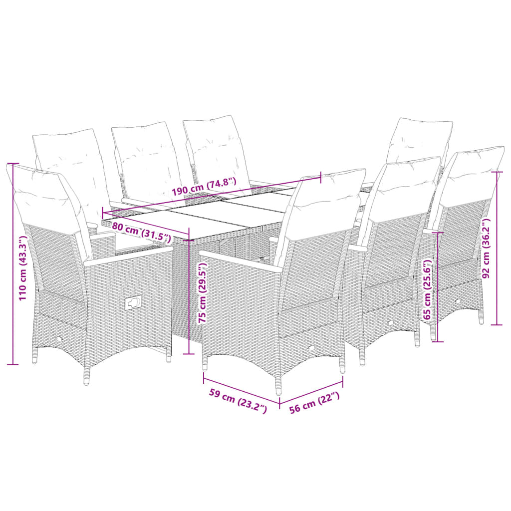 vidaXL 7-delige Tuinset met kussens poly rattan zwart
