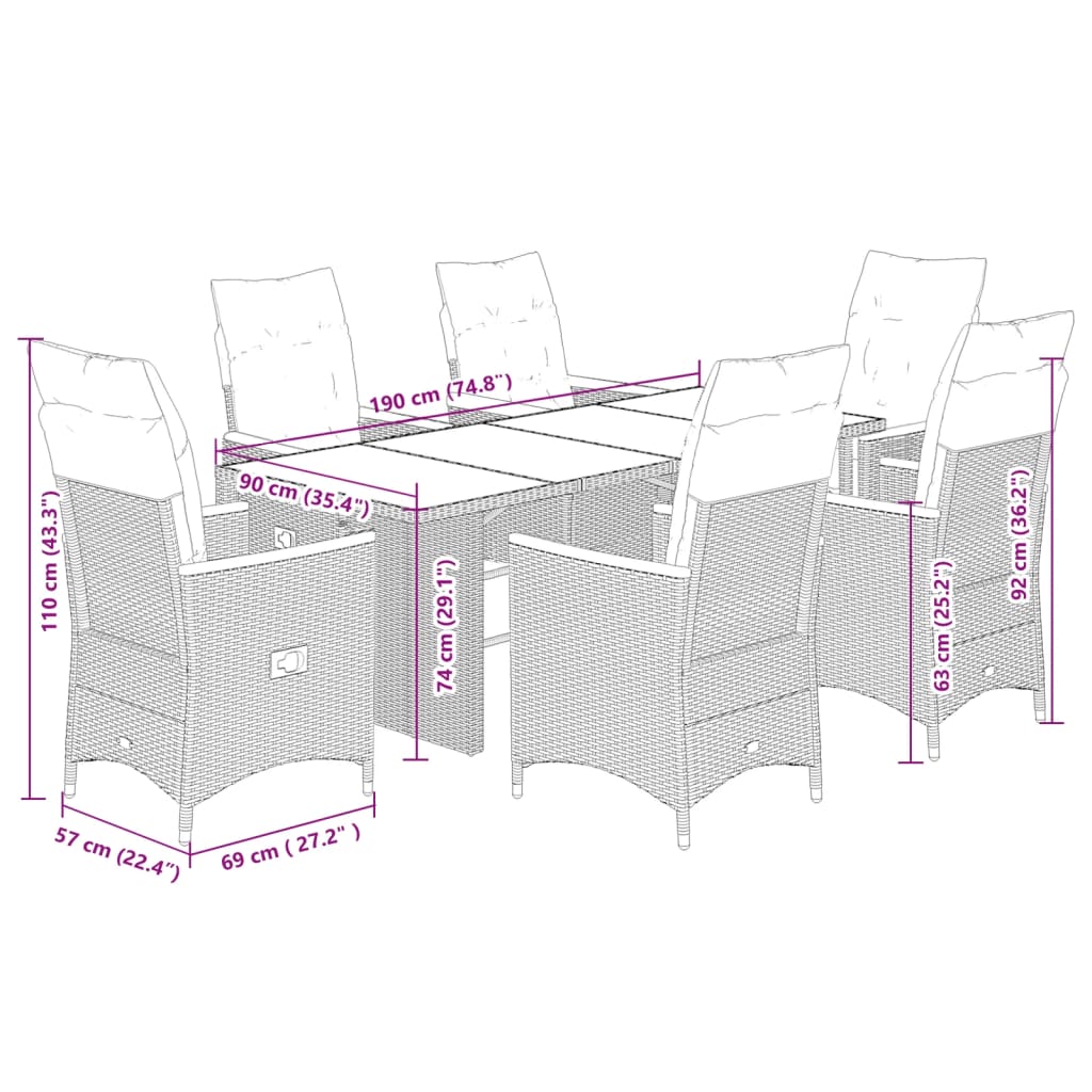 vidaXL 7-delige Tuinset met kussens poly rattan grijs