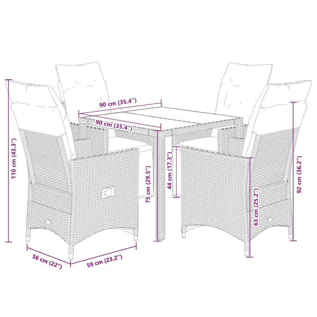 vidaXL 3-delige Bistroset met kussens poly rattan zwart