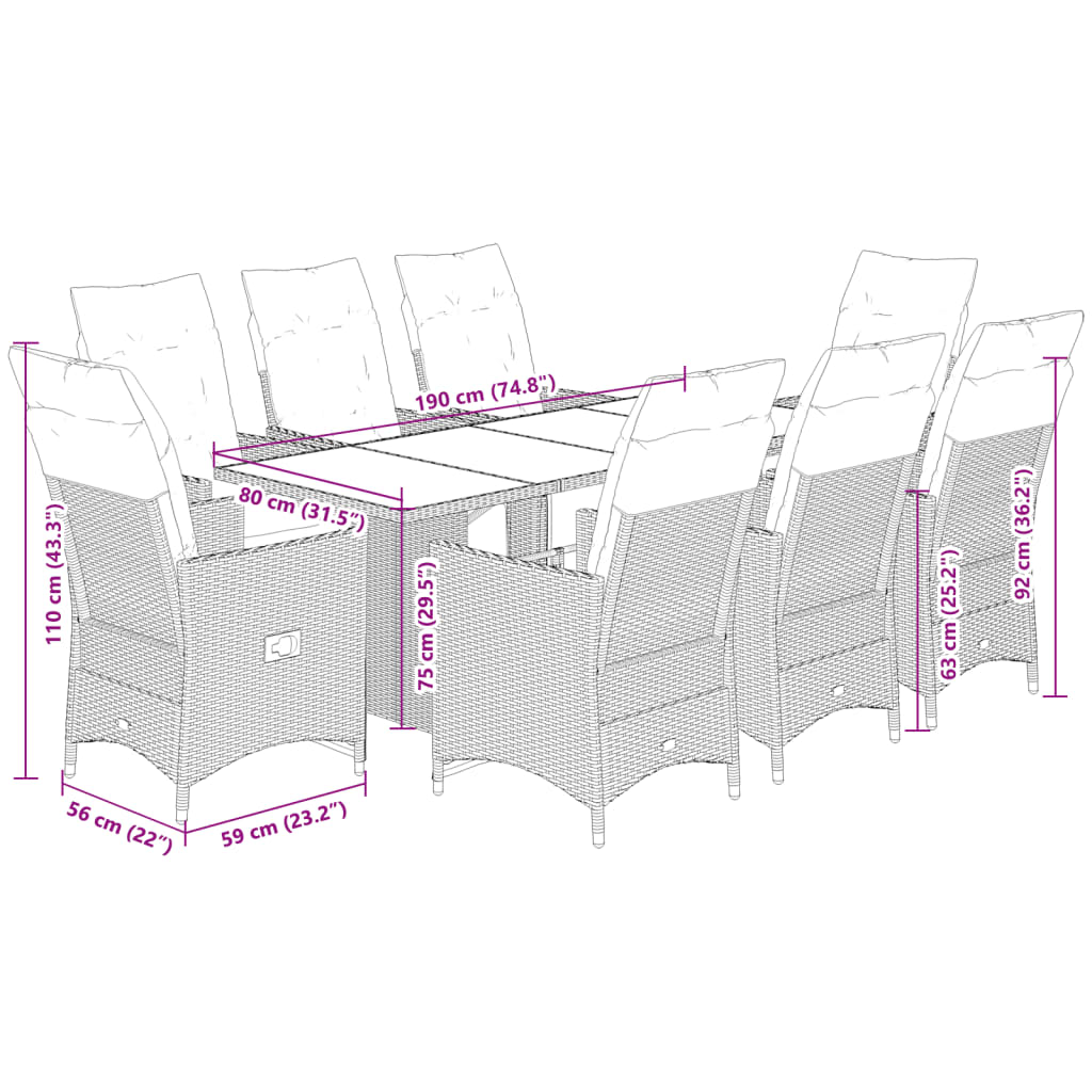 vidaXL 7-delige Tuinset met kussens poly rattan zwart