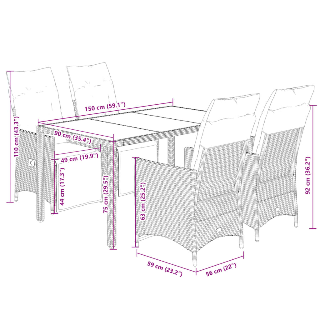 vidaXL 3-delige Bistroset met kussens poly rattan grijs