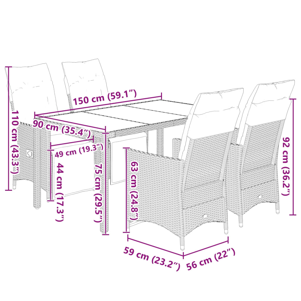 vidaXL 3-delige Bistroset met kussens poly rattan zwart