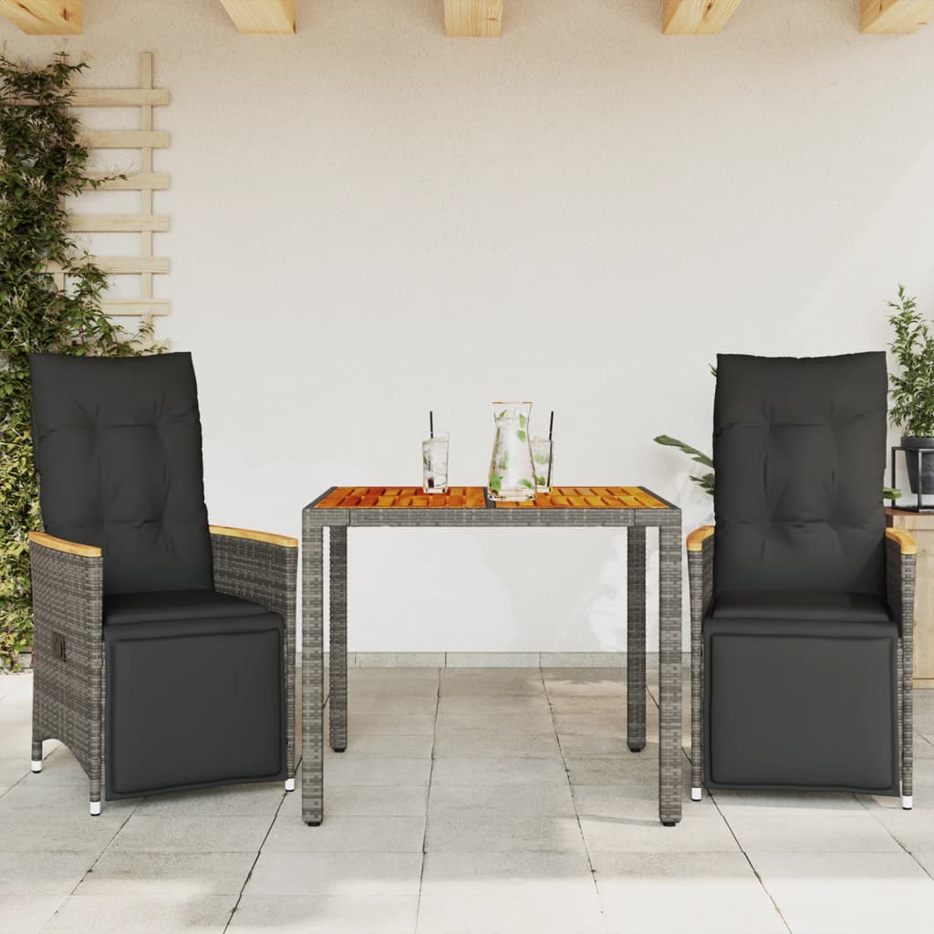 vidaXL 3-delige Bistroset met kussens poly rattan zwart