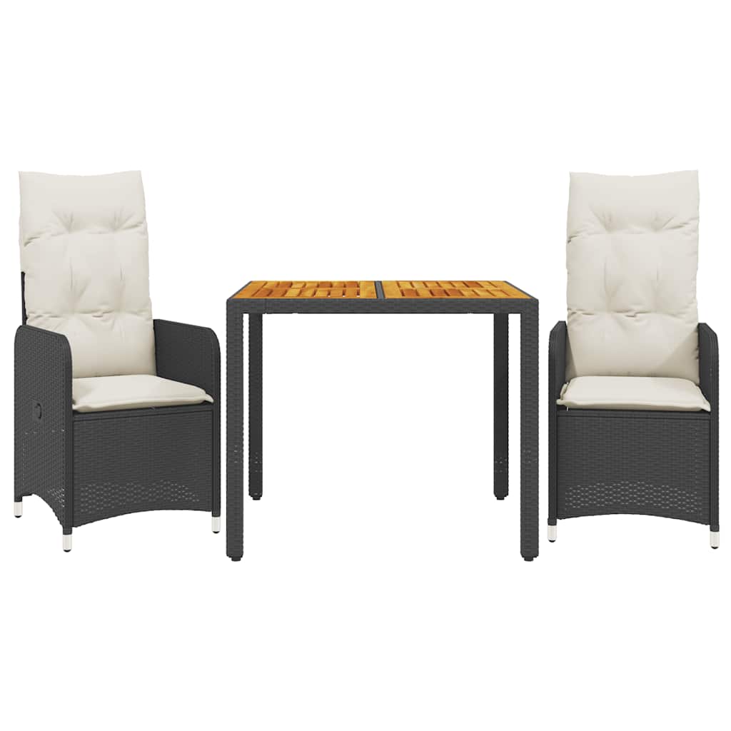 vidaXL 3-delige Bistroset met kussens poly rattan zwart