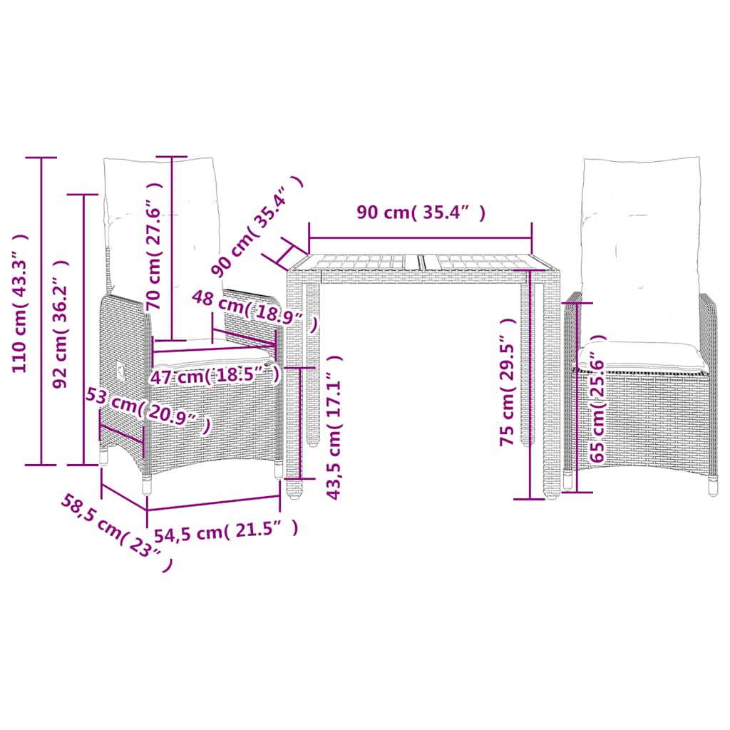 vidaXL 3-delige Bistroset met kussens poly rattan zwart