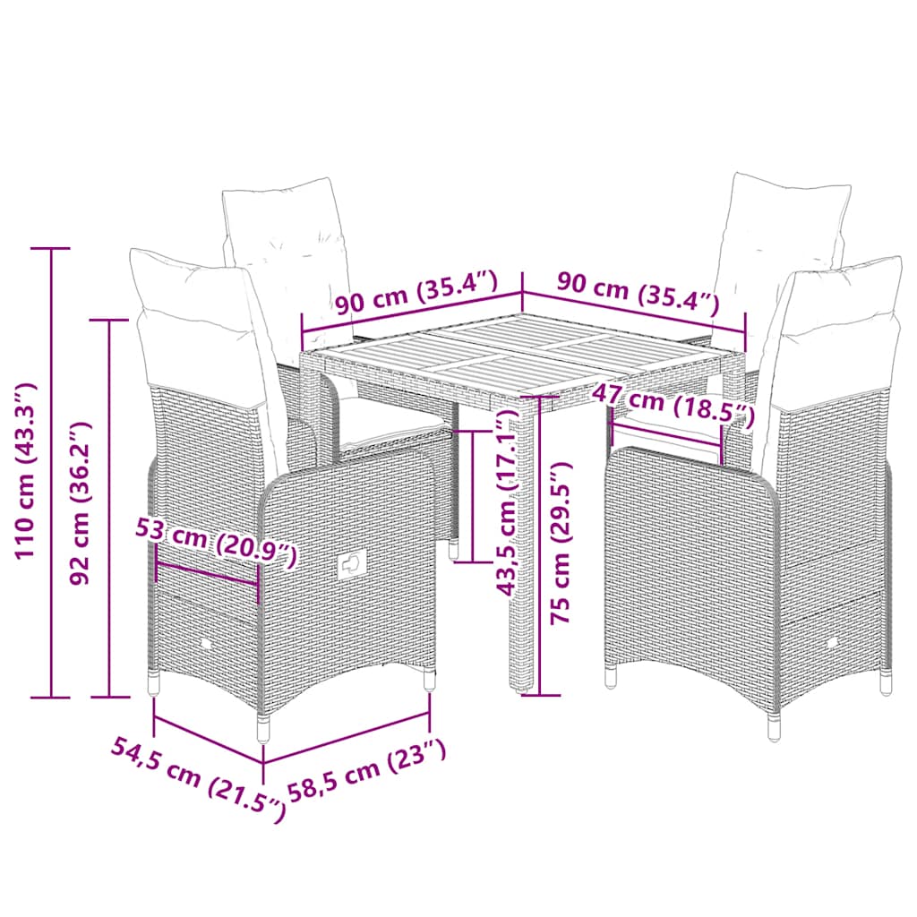 vidaXL 3-delige Bistroset met kussens poly rattan grijs