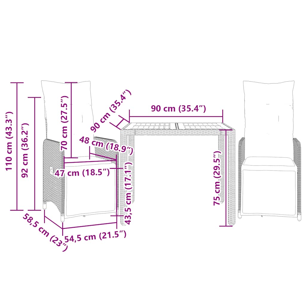 vidaXL 3-delige Bistroset met kussens poly rattan zwart