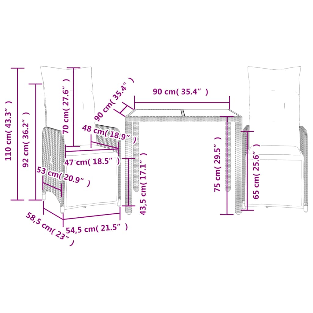 vidaXL 3-delige Bistroset met kussens poly rattan bruin