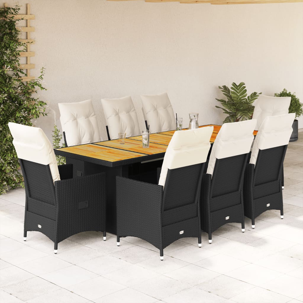 vidaXL 9-delige Bistroset met kussens poly rattan zwart