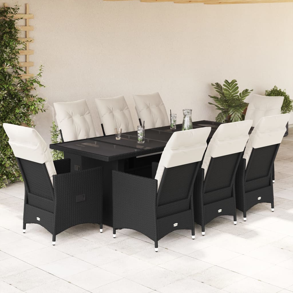 vidaXL 9-delige Bistroset met kussens poly rattan zwart
