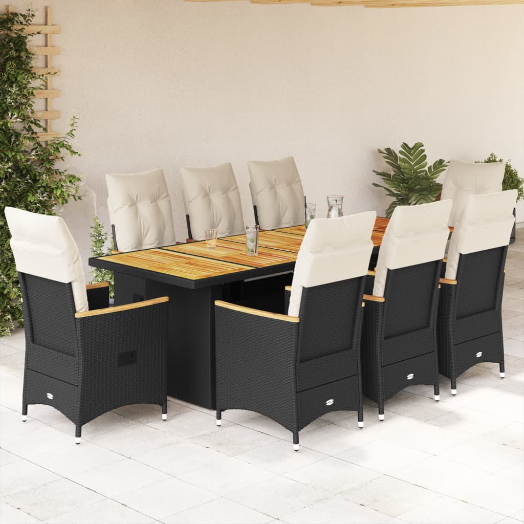 vidaXL 9-delige Tuinset met kussens poly rattan zwart
