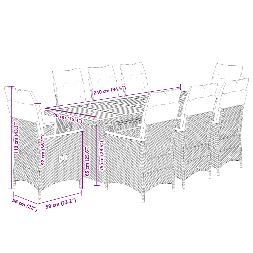 vidaXL 9-delige Tuinset met kussens poly rattan zwart