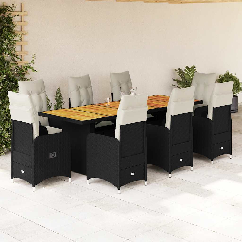 vidaXL 9-delige Bistroset met kussens poly rattan zwart