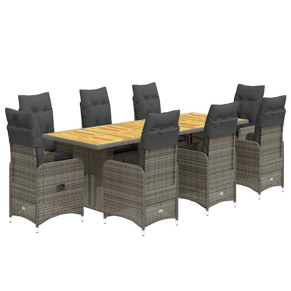 vidaXL 9-delige Bistroset met kussens poly rattan grijs