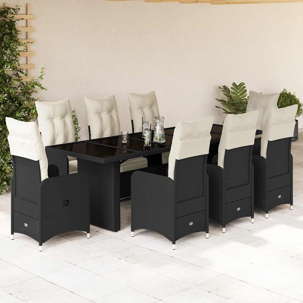 vidaXL 9-delige Bistroset met kussens poly rattan zwart